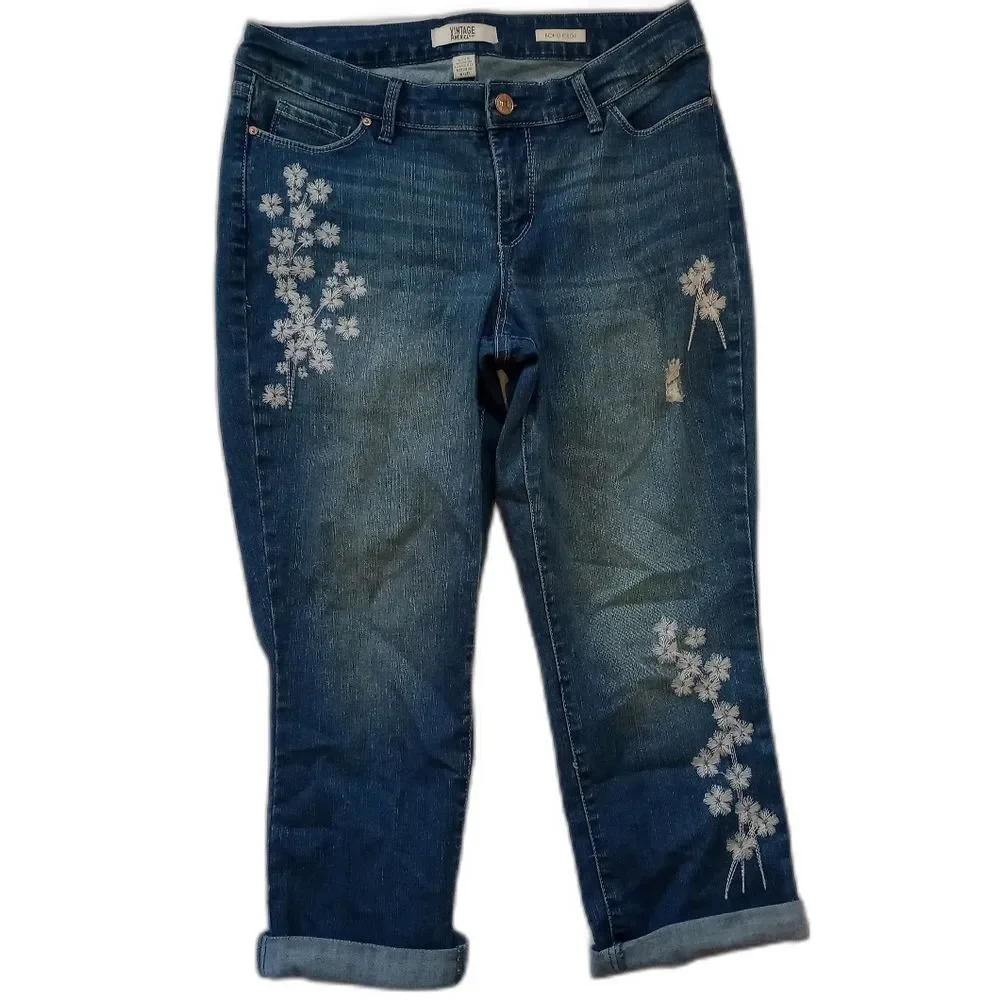 Vintage America Blues BOHO cropped Fold Worn floral Look embroidered capris - Picture 2 of 3